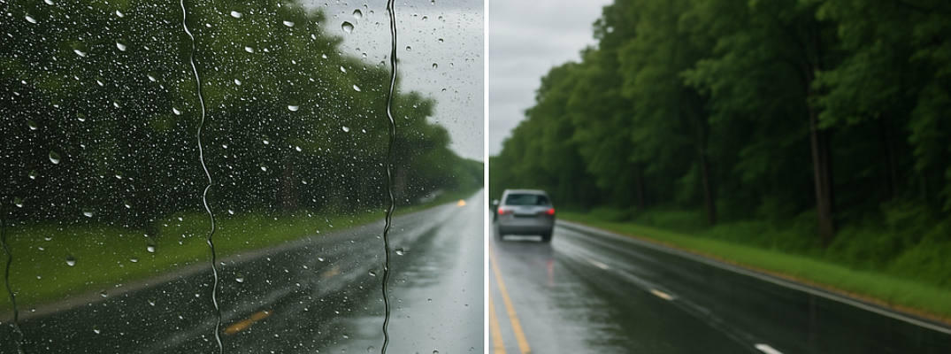 Close up on a windshield with rain on it
